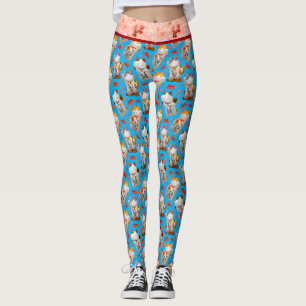 Retro Blue Pink Japanese Maneki Neko Cat and Koi Leggings