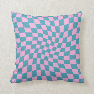 Retro Blue Pink Pastel Warped Chequerboard Cushion