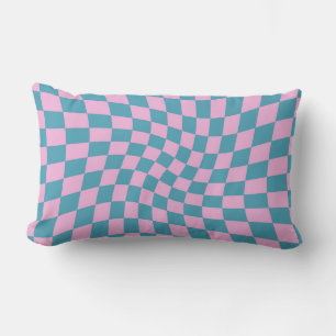 Retro Blue Pink Pastel Warped Chequerboard  Lumbar Cushion