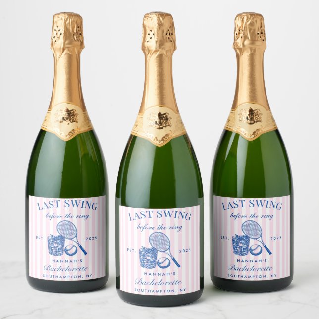 Retro Blue & Pink Tennis Bachelorette Sparkling Wine Label (Bottles)
