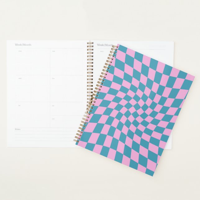 Retro Blue Pink Warped Chequerboard Chequered Planner (Display)