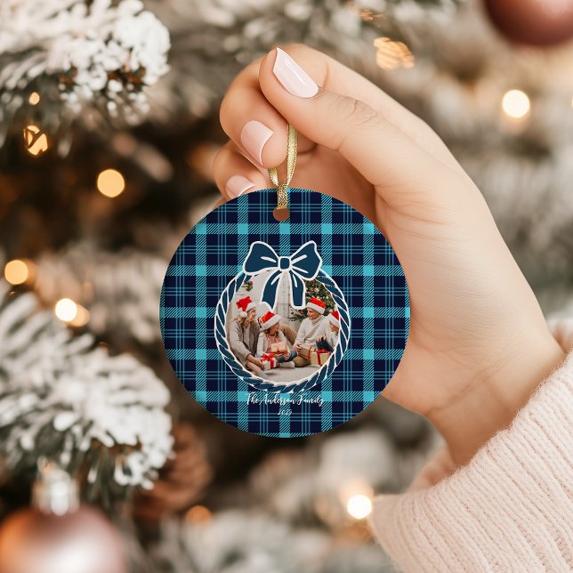 Retro Blue Plaid Whimsical Christmas  Ceramic Ornament (Creator Uploaded)