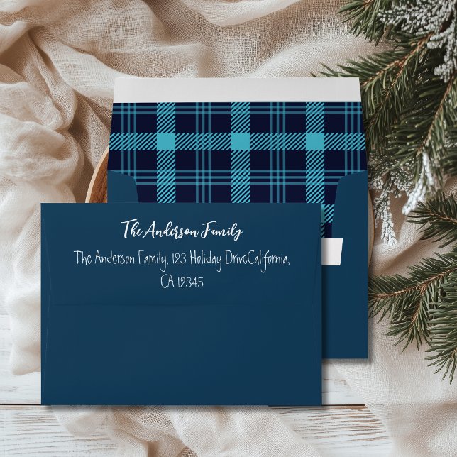 Retro Blue Plaid Whimsical Christmas  Envelope (Creator Uploaded)