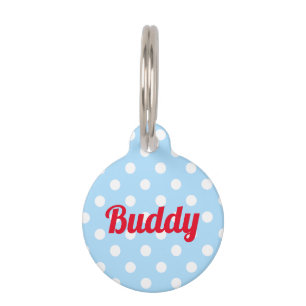 Retro Blue Polka Dots Dog Pup Cat Kitty Name Cute Pet Tag