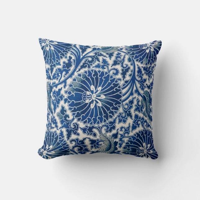Retro Blue Poppy Ming Dynasty China Cushion (Front)