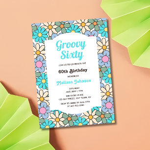 Retro Blue Purple Floral Groovy 60th Birthday Invitation