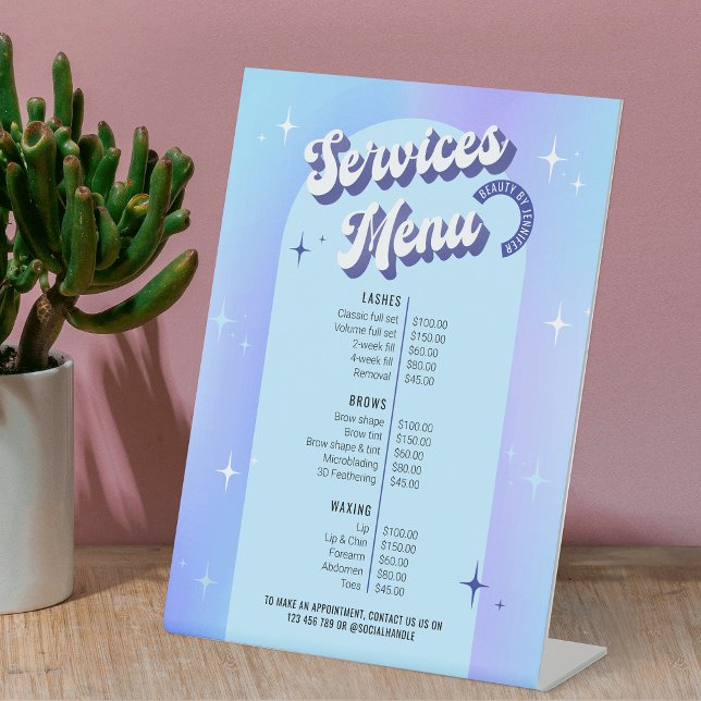 Retro Blue Purple Makeup Salon Spa Pricing Menu Pedestal Sign (Trendy business price list with groovy fonts and modern blue and purple gradient background design)