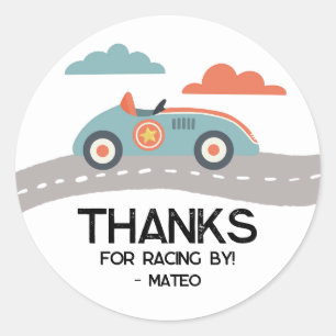 Retro Blue Race Car Birthday Party Favor  Classic Round Sticker
