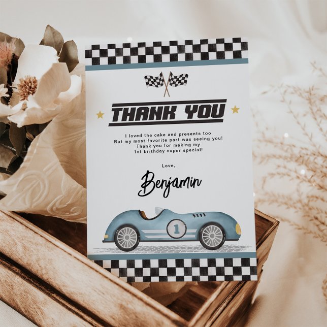 Retro Blue Race Car Boy Birthday Party Thank You Card (Creator Uploaded)