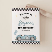 Retro Blue Race Car Fast One Birthday Welcome