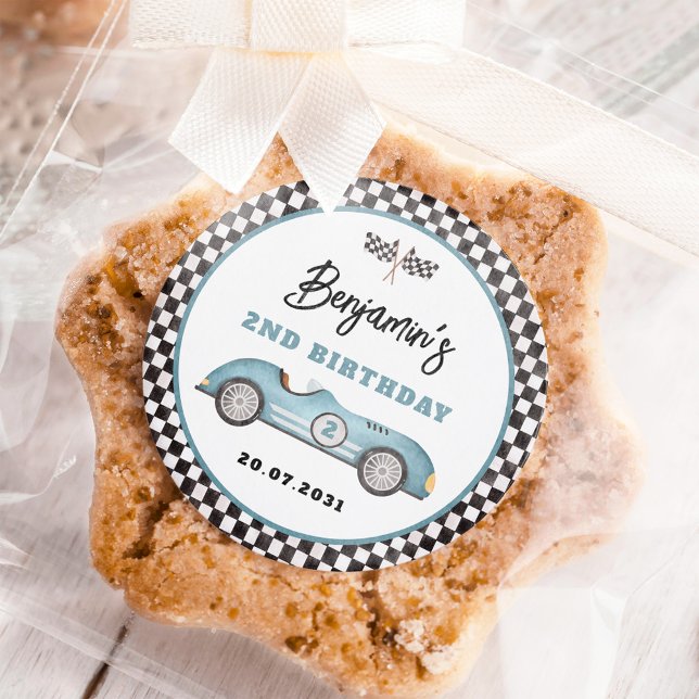 Retro Blue Race Car Two Fast Boy 2nd Birthday Classic Round Sticker (Creator Uploaded)