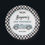 Retro Blue Race Car Two Fast Boy Birthday Paper Plate<br><div class="desc">These eye-catching paper plates blend vintage charm with playful whimsy,  featuring a beautifully illustrated retro race car in a serene shade of dusty blue.</div>