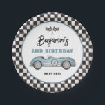 Retro Blue Race Car Two Fast Boy Birthday Paper Plate<br><div class="desc">These eye-catching paper plates blend vintage charm with playful whimsy,  featuring a beautifully illustrated retro race car in a serene shade of dusty blue.</div>