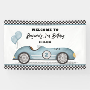 Retro Blue Race Car Two Fast Boy Birthday Welcome Banner