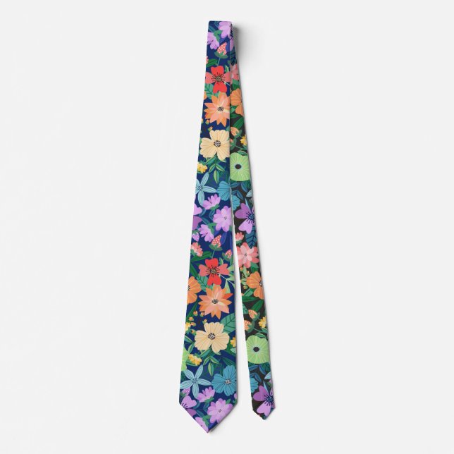 Retro Blue Rainbow Flowers Pattern Tie (Front)