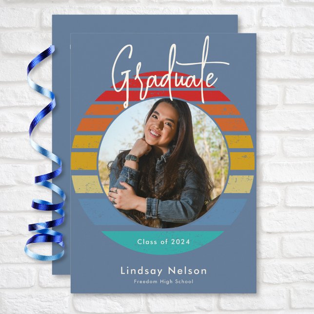 Retro Blue Red Orange Sunset Photo Graduation Invitation (Retro Blue Red Orange Sunset Arch Photo Graduation Invitation)