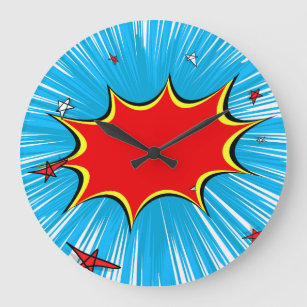 Retro Blue & Red Stars Comic Explosion Large Clock
