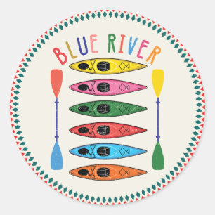 Retro Blue River Kayaking Classic Round Sticker