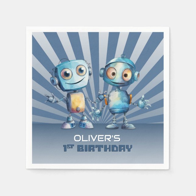Retro Blue Robot Theme 1st Birthday Napkin (Front)