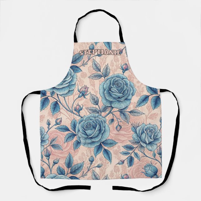 Retro Blue Rose Pattern on Soft Pink Background Apron (Front)