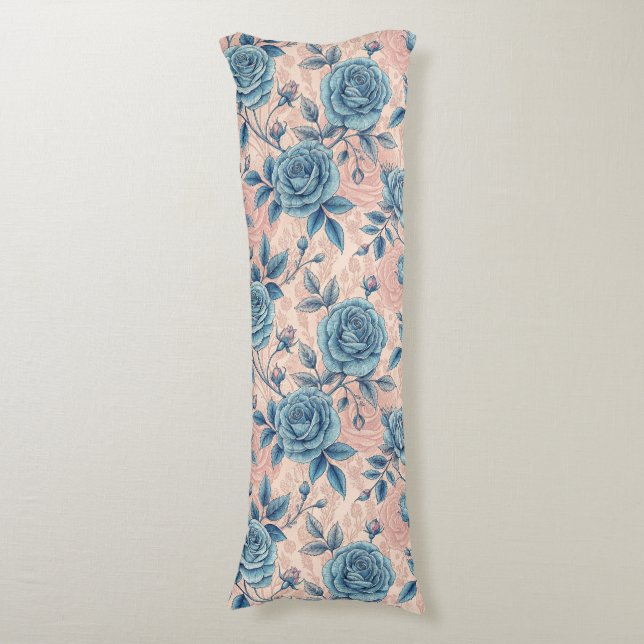 Retro Blue Rose Pattern on Soft Pink Background Body Cushion (Front Vertical)