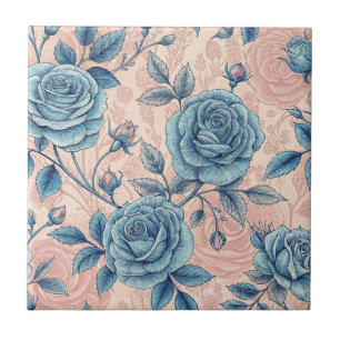 Retro Blue Rose Pattern on Soft Pink Background Ceramic Tile
