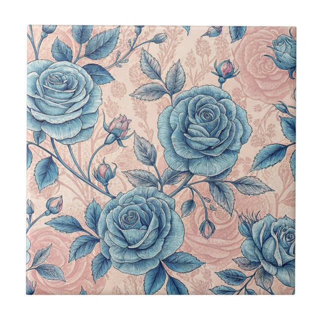Retro Blue Rose Pattern on Soft Pink Background Ceramic Tile (Front)