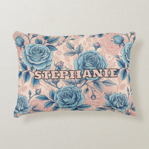 Retro Blue Rose Pattern on Soft Pink Background Decorative Cushion