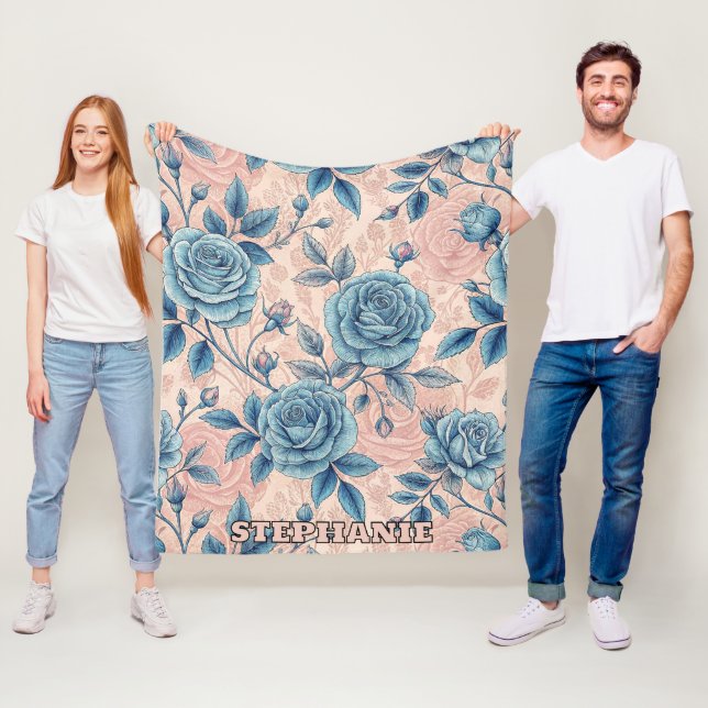 Retro Blue Rose Pattern on Soft Pink Background Fleece Blanket (In Situ)