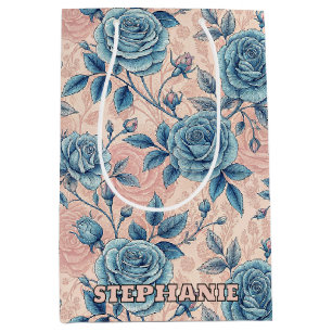 Retro Blue Rose Pattern on Soft Pink Background Medium Gift Bag