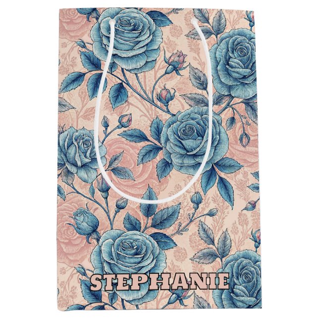 Retro Blue Rose Pattern on Soft Pink Background Medium Gift Bag (Front)