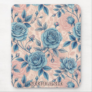 Retro Blue Rose Pattern on Soft Pink Background Mouse Pad