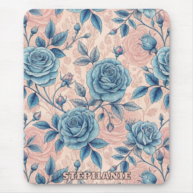 Retro Blue Rose Pattern on Soft Pink Background Mouse Pad (Front)