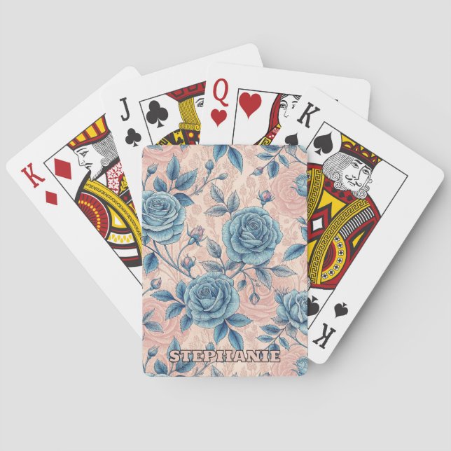 Retro Blue Rose Pattern on Soft Pink Background Playing Cards (Back)