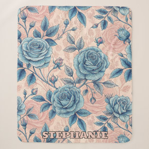 Retro Blue Rose Pattern on Soft Pink Background Sherpa Blanket