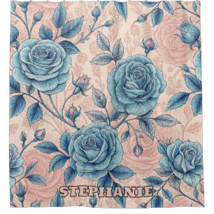 Retro Blue Rose Pattern on Soft Pink Background Shower Curtain