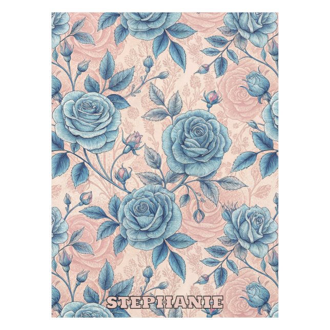 Retro Blue Rose Pattern on Soft Pink Background Tablecloth (Front)