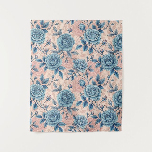 Retro Blue Rose Pattern on Soft Pink Background Tapestry (Front)