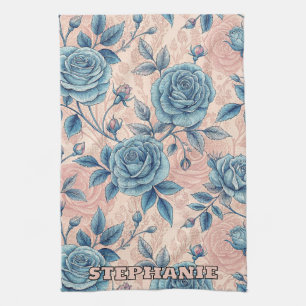 Retro Blue Rose Pattern on Soft Pink Background Tea Towel