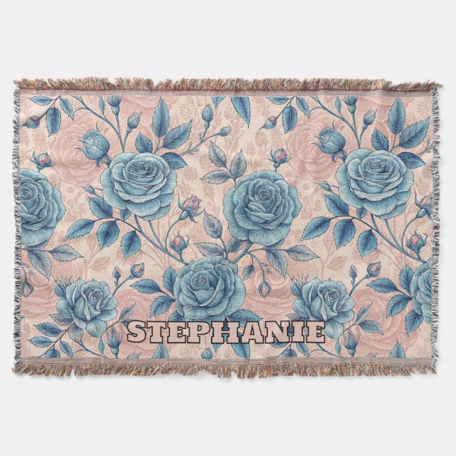 Retro Blue Rose Pattern on Soft Pink Background Throw Blanket (Front)