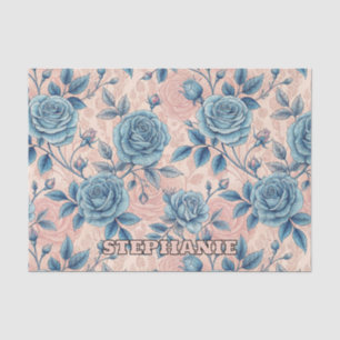 Retro Blue Rose Pattern on Soft Pink Background Tissue Paper
