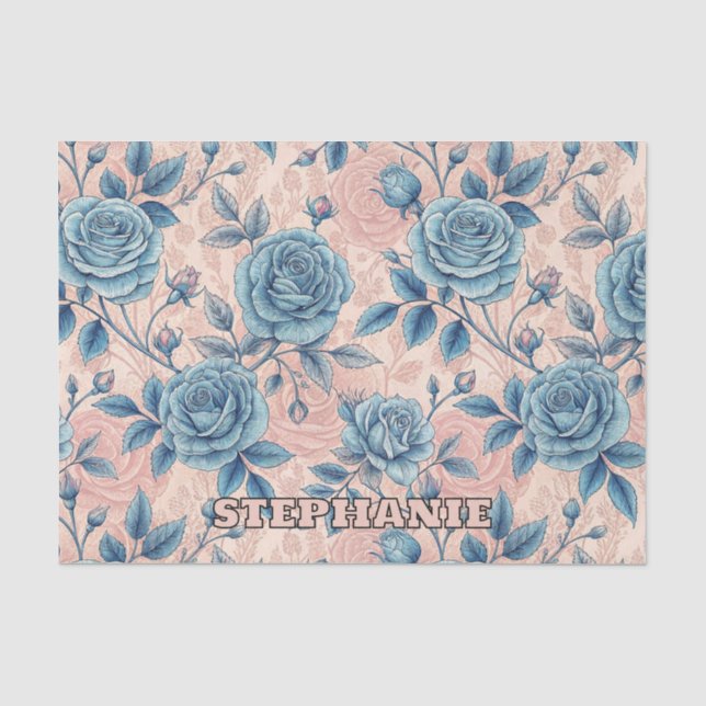 Retro Blue Rose Pattern on Soft Pink Background Tissue Paper (Front)