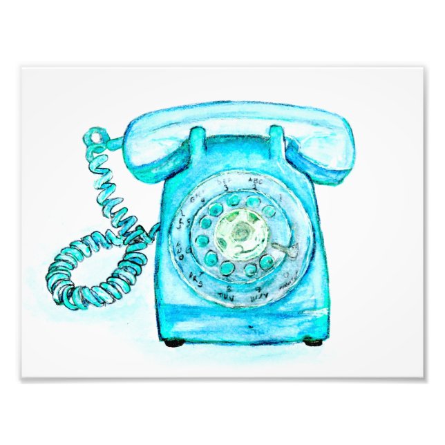 Retro Blue Rotary Telephone Art Print Vintage (Front)