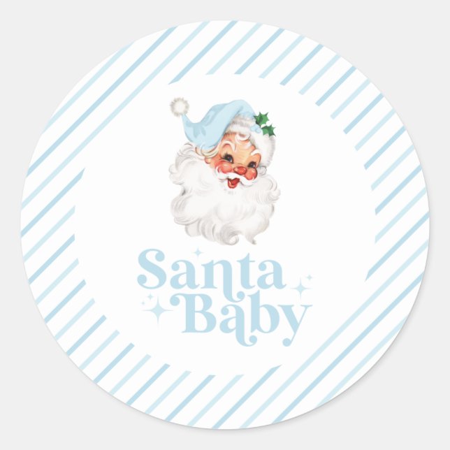 Retro Blue Santa Baby christmas baby shower Classic Round Sticker (Front)