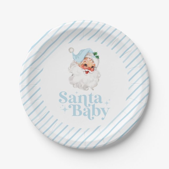 Retro Blue Santa Baby christmas baby shower Paper Plate (Front)