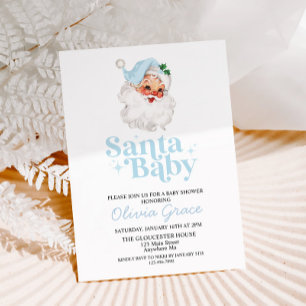 Retro Blue Santa Baby Holiday Baby Shower Invitation
