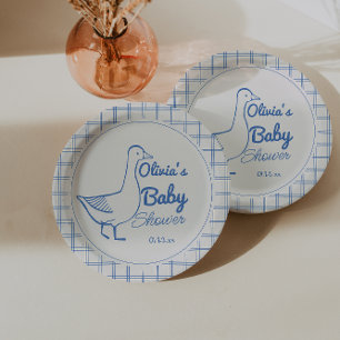 Retro Blue Silly Goose Hand Drawn Baby Boy Paper Plate