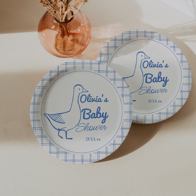 Retro Blue Silly Goose Hand Drawn Baby Boy Paper Plate (Creator Uploaded)