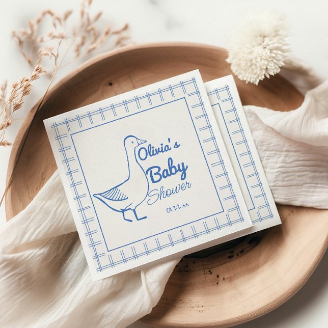 Retro Blue Silly Goose Hand Drawn Baby Boy Shower Napkin (Creator Uploaded)