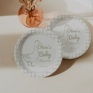 Retro Blue Silly Goose Hand Drawn Baby Boy Shower Paper Plate